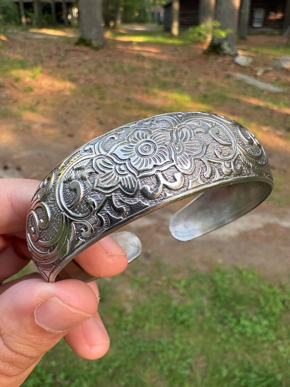 Lotus Flower Engraved Silver Cuff Bracelet